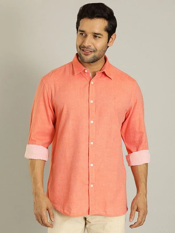 Indian Terrain Men's Slim Fit Full Sleeve Solid Orange Shirt